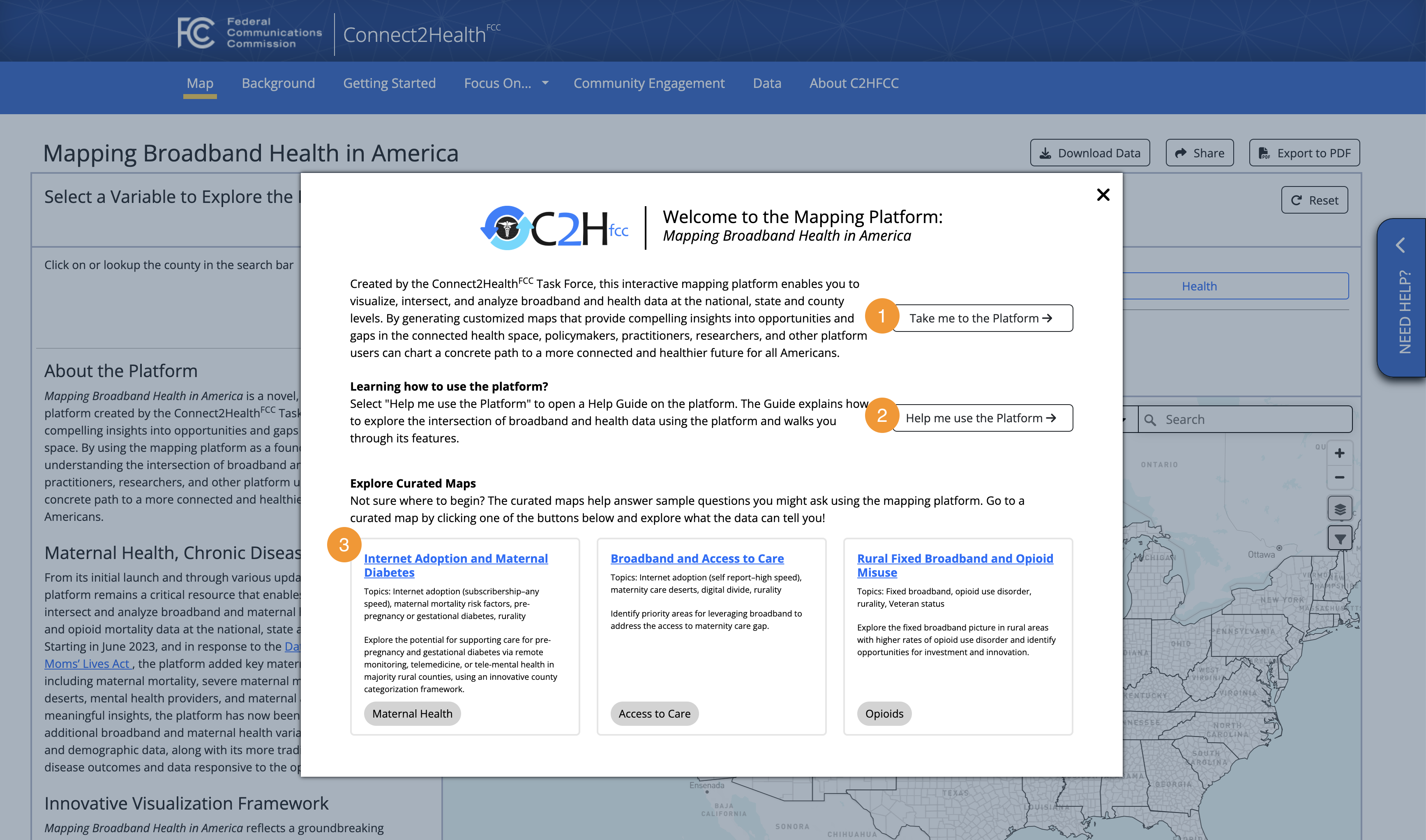 The landing page offers three ways to experience the mapping platform: (1) Go directly to the platform, (2) Learn more on how to use the platform, or (3) Explore curated maps.