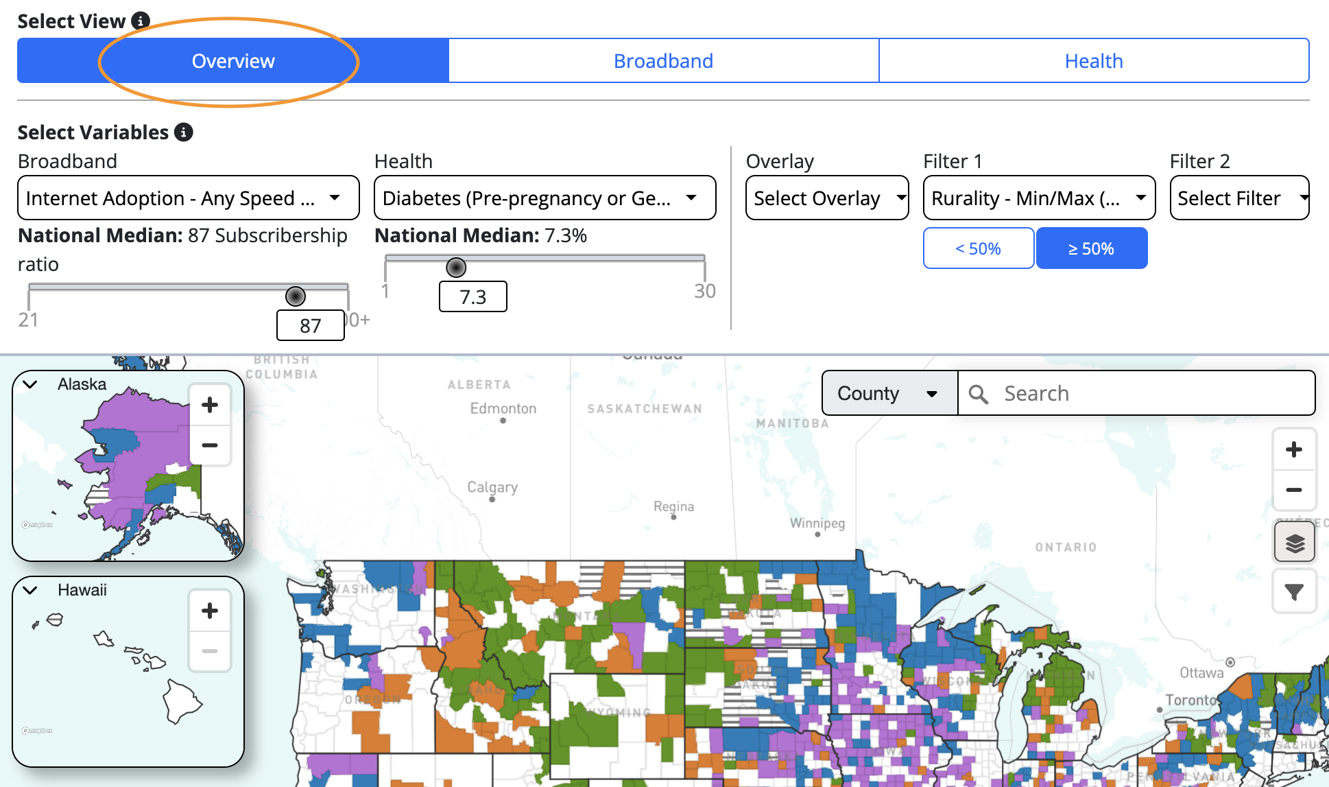 The platform allows you to intersect broadband and health data in three unique ways, called “Views.” The Overview view shows where broadband and health needs coincide.