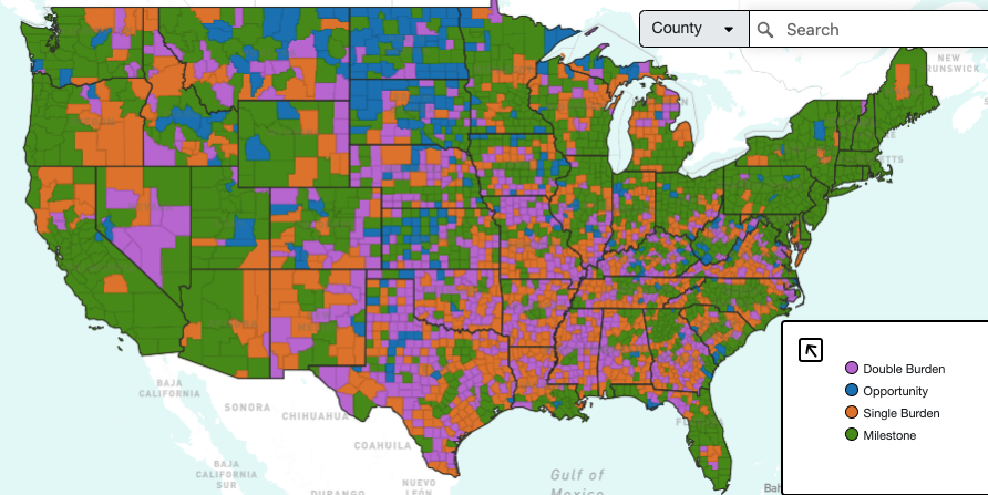 Map Page Screen displaying a map of the United States with various counties in different colors