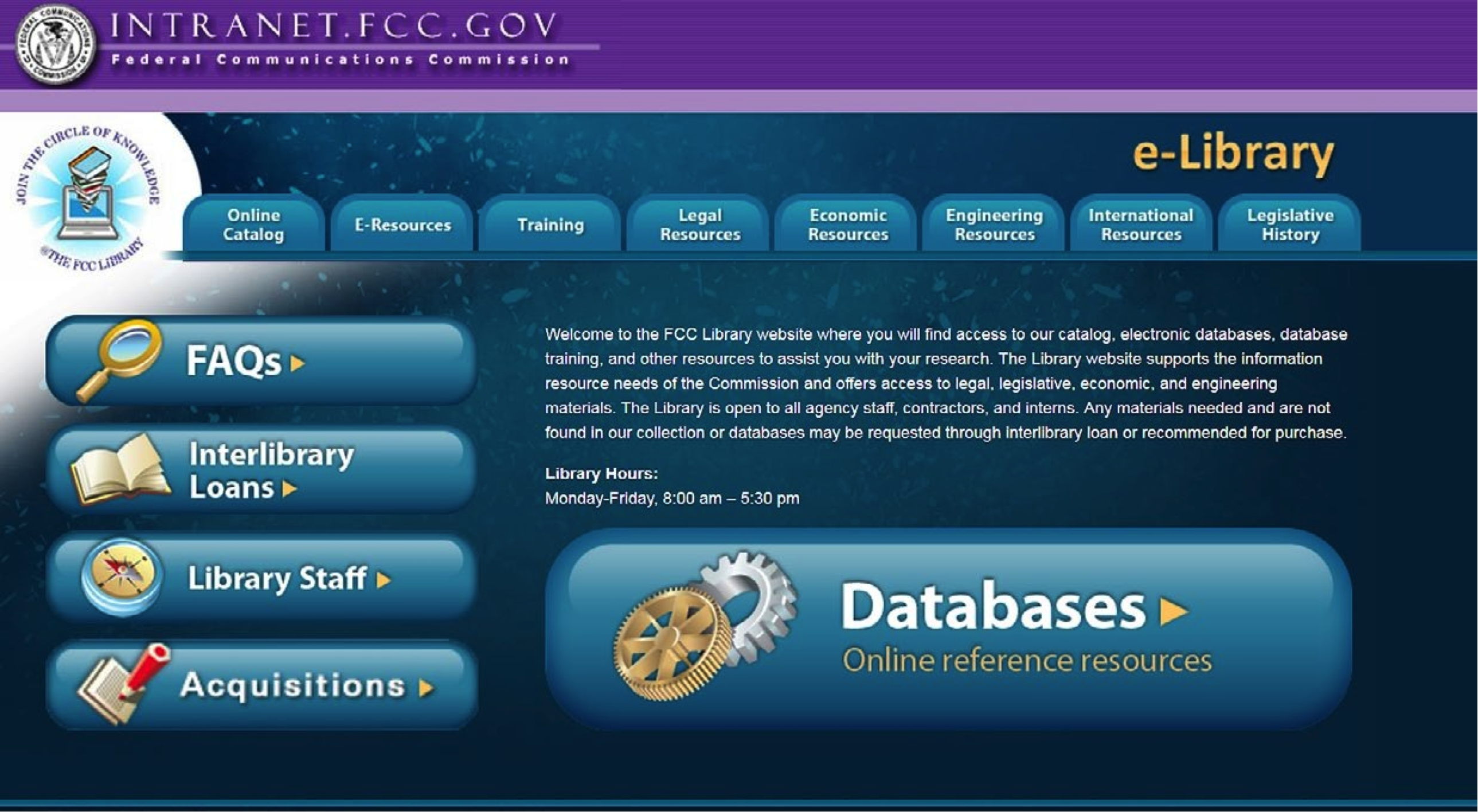 Screenshot of the FCC Library's intranet website